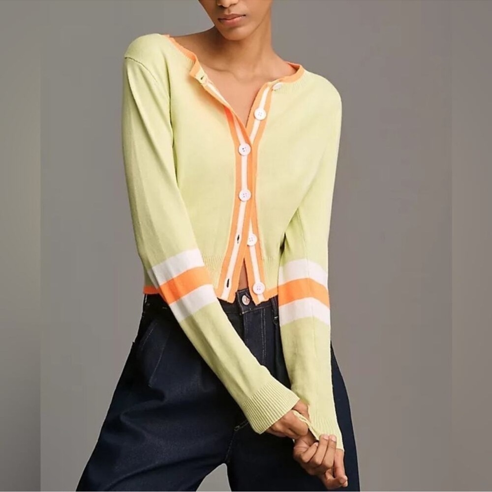 NWT! By Anthropologie Women’s Sporty Cardigan Sweater Light Green Neon Orange ❄️